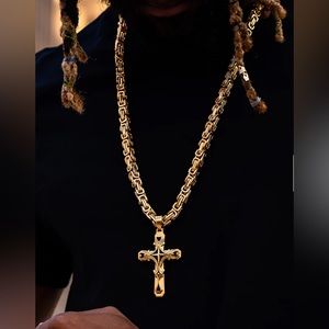 LIKE NEW SPCY ice Gold Tribal Cross Necklace, with 30”  8mm Gold Byzantine Chain